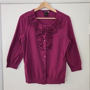 Sweaterworks Ruffle Front Purple 3/4 Sleeve Cardigan Size Large